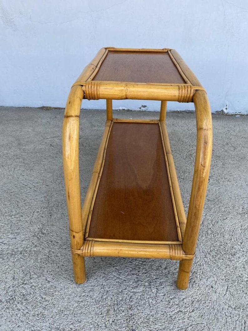 Restored Two-Tier Rattan & Mahogany Arched Side Table image 10