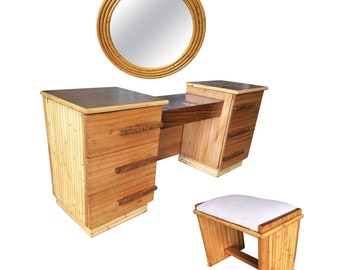 Restored Rattan and Mahogany Vanity w/ Round Mirror & Stool