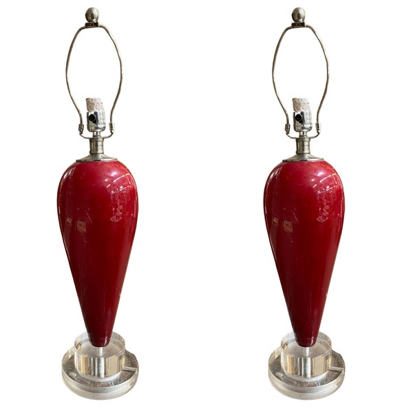 90s Pair of Red Ceramic Tear Drop Shaped Table Lamp w/ Acrylic Base