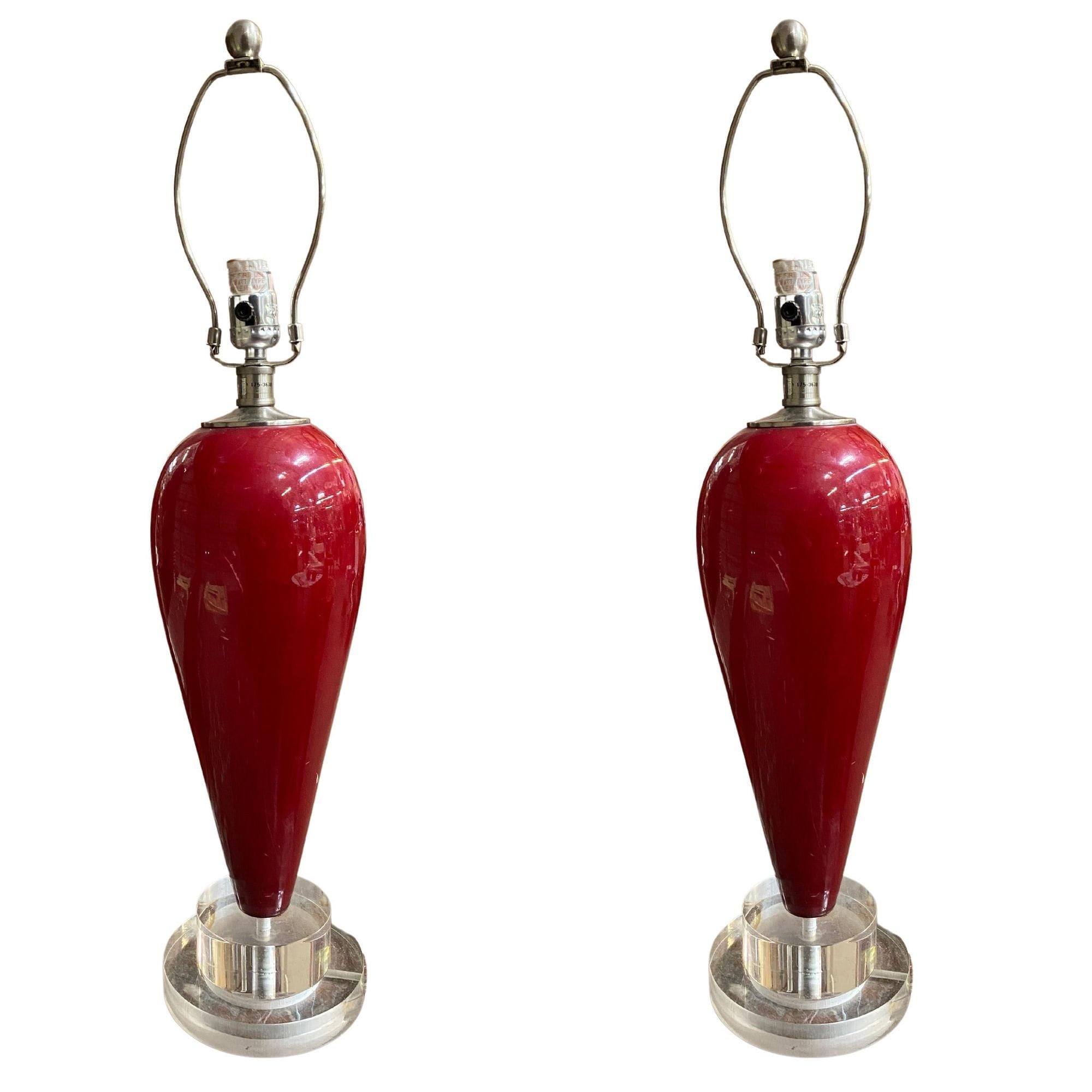 90s Pair of Red Ceramic Tear Drop Shaped Table Lamp w/ Acrylic Base