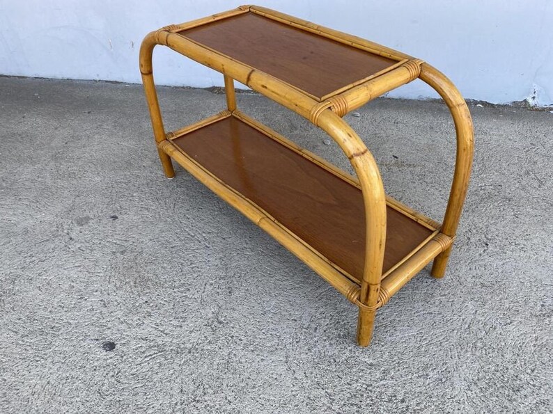 Restored Two-Tier Rattan & Mahogany Arched Side Table image 8