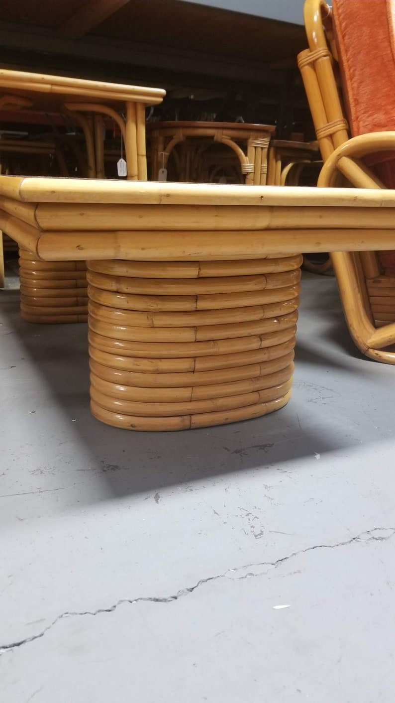 Restored Rattan Coffee Table with Stacked Legs and Mahogany Top image 8