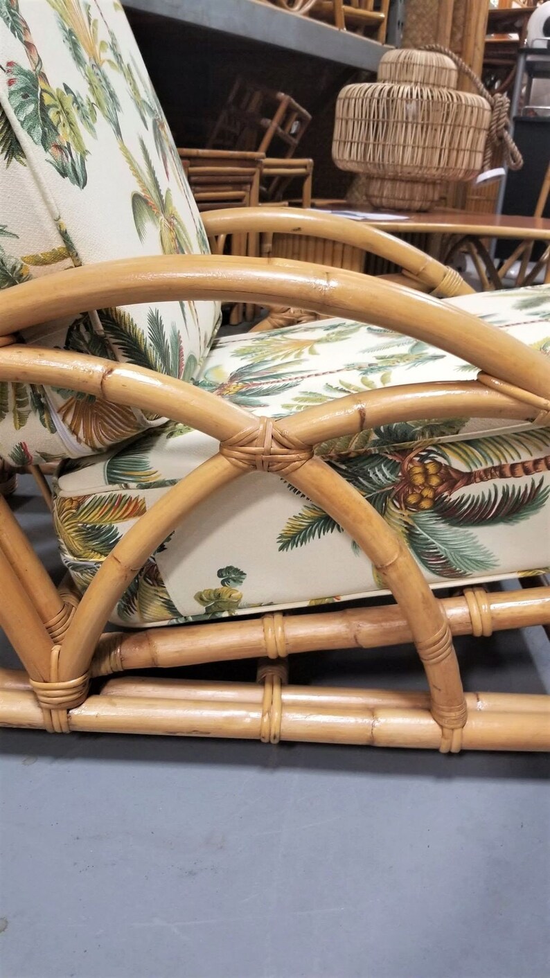Restored Rattan 2-Strand Half Moon Lounge Chair with Palm Print Cushions zdjęcie 7