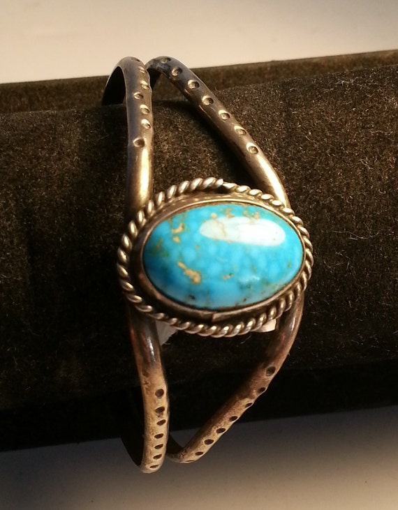 Vintage Turquoise Cabochon and Silver Bracelet - image 1