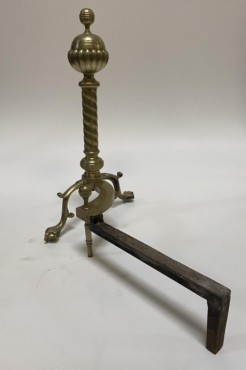 Pair of Brass Belted Ball-top and Spiral Turned Clawfoot Andirons image 6