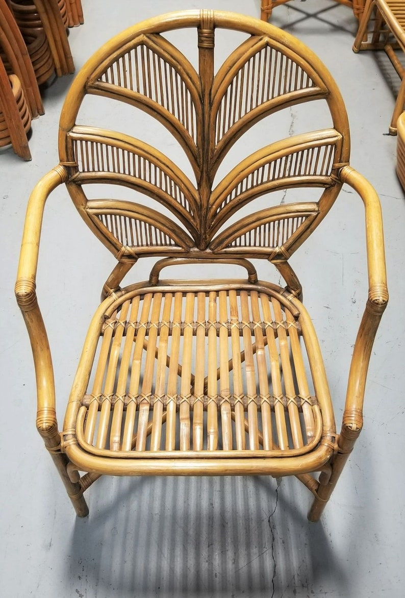 Restored Split Reed Rattan Fan Back Chairs and Glass Top Dining Table image 2