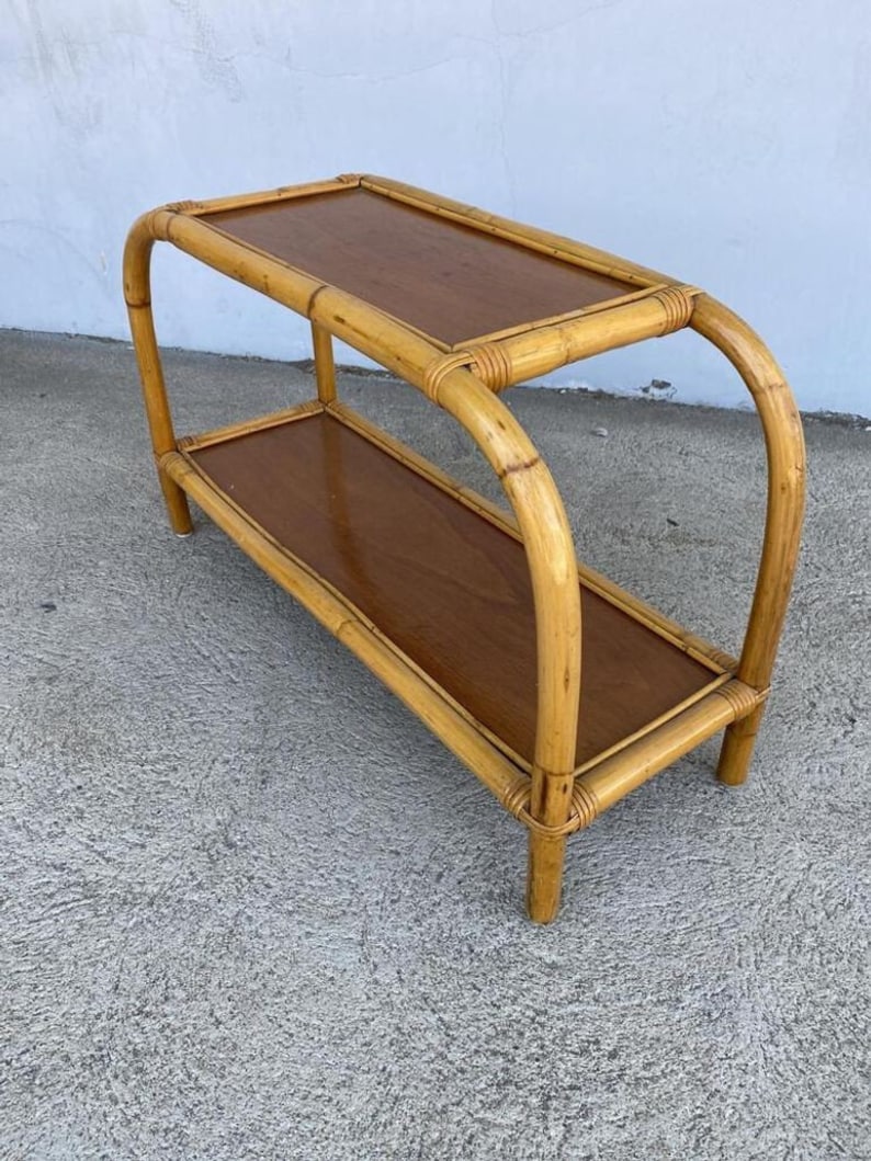 Restored Two-Tier Rattan & Mahogany Arched Side Table image 9