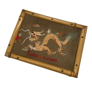 Post War Embroided Silk Art Imperial Chinese Dragon in Bamboo Frame image 2