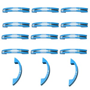 May include: A collection of twelve blue cabinet handles with a silver accent. The handles are curved and have a modern design. The image is on a white background.