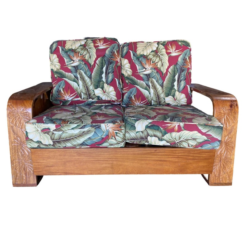 Post War Carved Mango Wood Tropical Mid Century Loveseat Sofa image 2