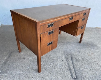 Mid Century Danish Modern Teak Writing Desk w/ Woven Wicker Front by Sligh Lowry