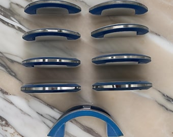 Art Deco Sky Blue Catalin/Bakelite Drawer Pulls w/ Chrome Strip, Set of 9