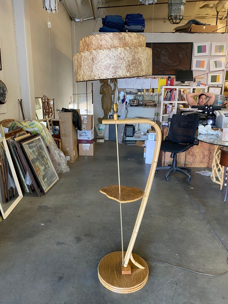 Restored Googie Asymmetric Pole Floor Lamp w/ Side Table & Fiberglass Shade image 1