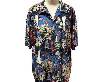 1980s Travel Print Hawaiian Mens XL Coconut Button Silk Shirt by Avanti Silk