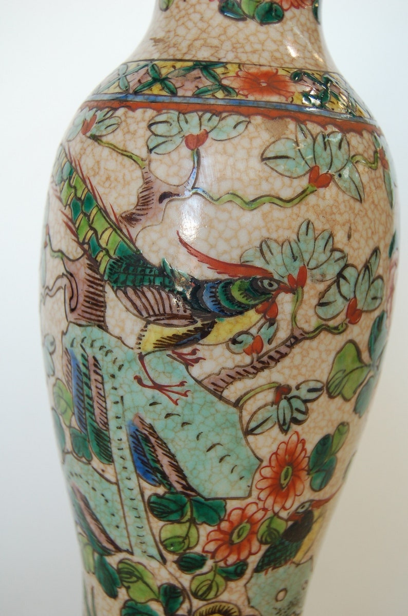 Post War Hand Painted Asian Floral Ceramic Table Lamp image 3