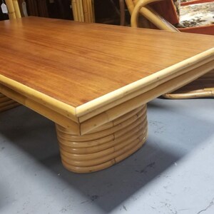 Restored Rattan Coffee Table with Stacked Legs and Mahogany Top image 5