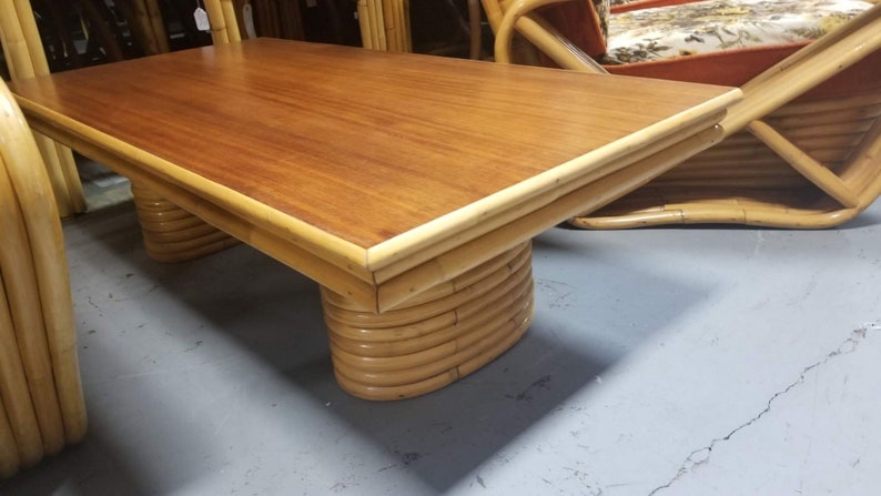 Restored Rattan Coffee Table with Stacked Legs and Mahogany Top image 5