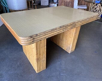 Restored Six-person Rattan and Formica Dining Table with Vertically Stacked Base