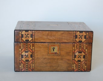 Intricate 1920s Marquetry Inlaid Wood Box With Skeleton Key