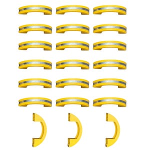 May include: A collection of yellow cabinet pulls with a silver accent. The pulls are arranged in rows, with a few individual pulls at the bottom. The design is a curved shape, suitable for drawers or cabinets.