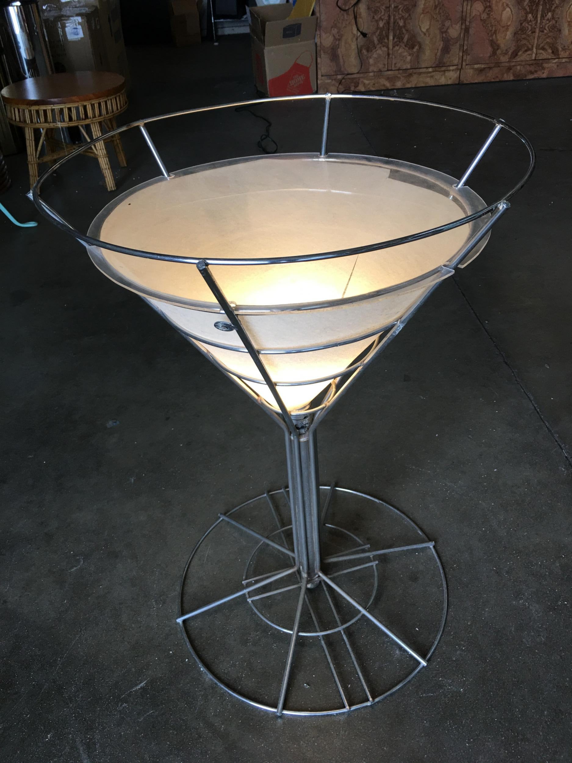 Chrome Wire Art Light up Martini Lounge Side Table W/ Glass Top