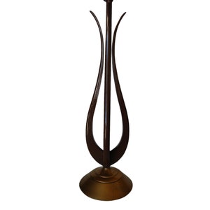 Modernist Harp Shaped Sculptural Walnut and Brass Tone Table Lamp, Pair image 3