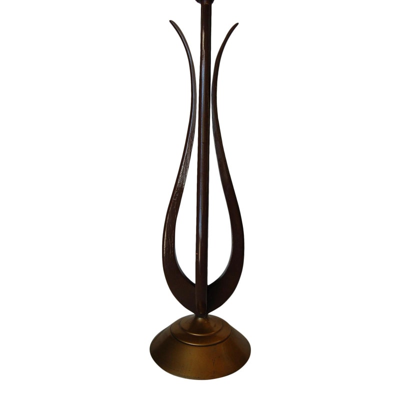 Modernist Harp Shaped Sculptural Walnut and Brass Tone Table Lamp, Pair image 3