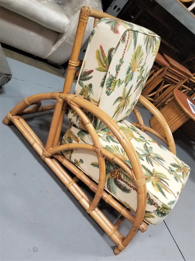 Restored Rattan 2-Strand Half Moon Lounge Chair with Palm Print Cushions zdjęcie 6