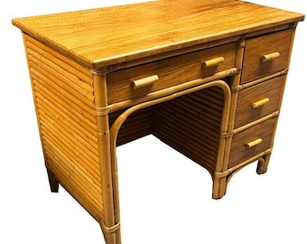 Restored Bespoke Rattan & Mahogany Writing Desk w/ Vertically Stacked Rattan Sides