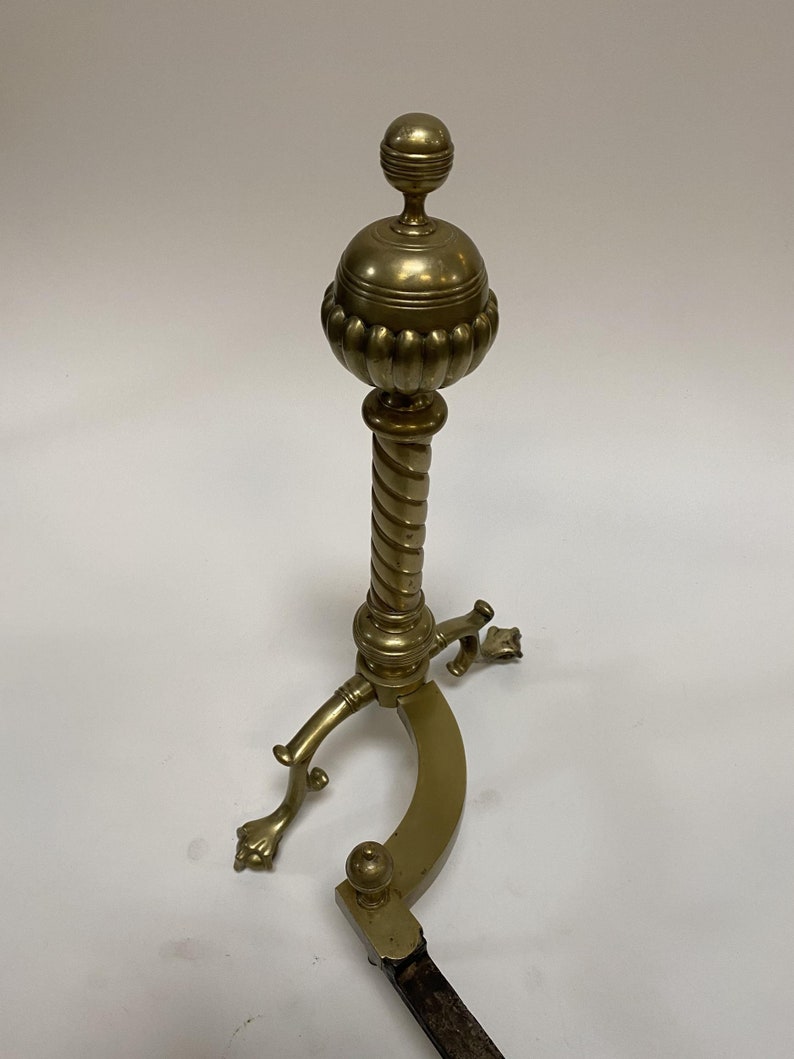 Pair of Brass Belted Ball-top and Spiral Turned Clawfoot Andirons image 7