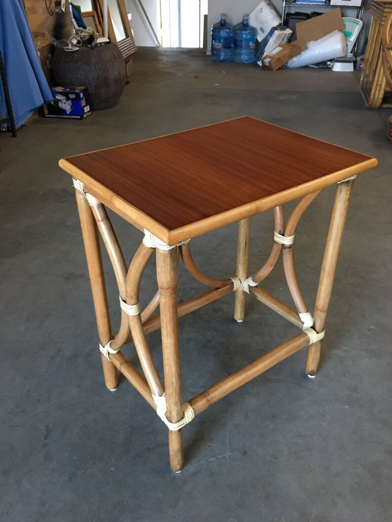 Restored Large 1-Strand Rattan Hour Glass Cocktail Side Table w/ Wood Top image 5