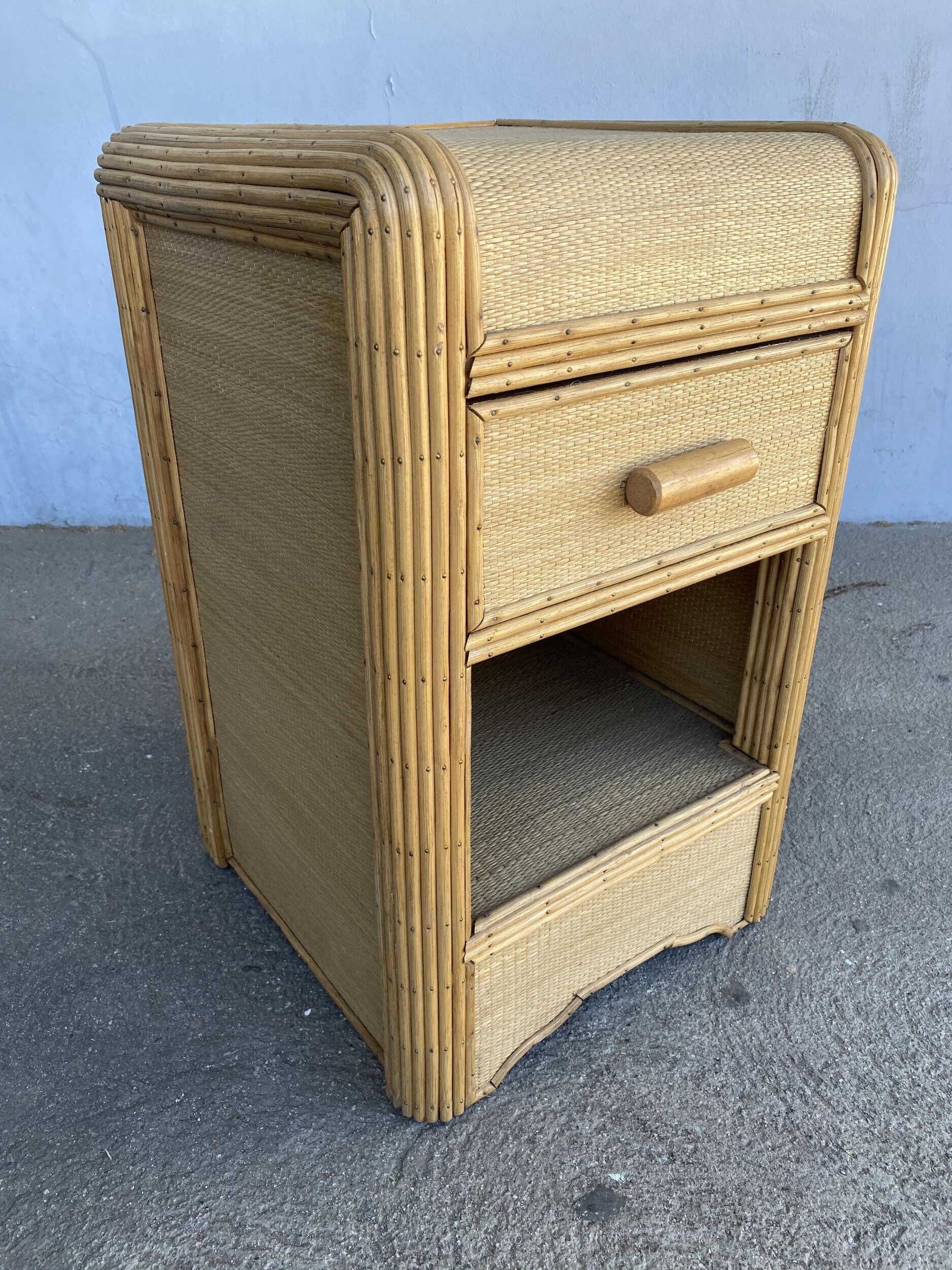 Restored Streamline Stick Rattan Bedside Table With Grass Mat - Etsy