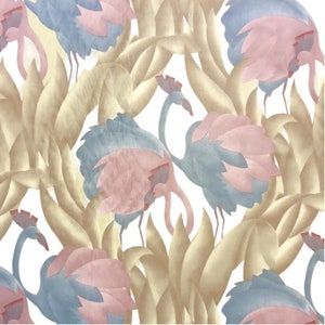 Vintage 1970's Polished Cotton Fabric with Tropical Flamingo design, 9 yards total image 2