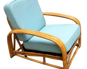 Restored Rattan Triple-Strand Half Square Moon Arm Lounge Chair w/ Arched Back