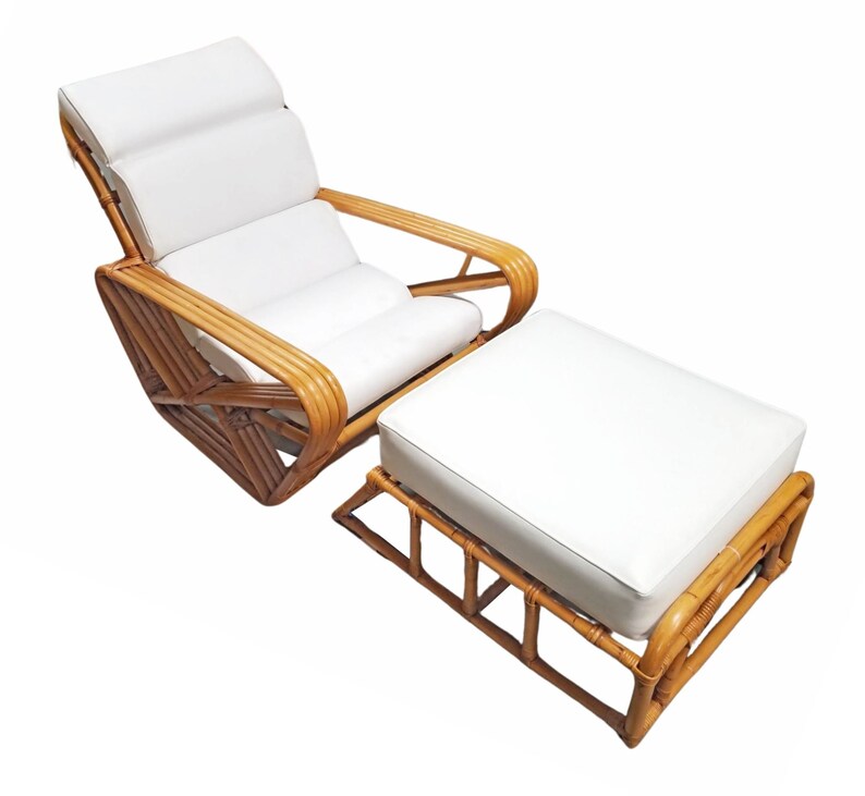 Restored Rattan Four Strand Square Pretzel Chaise Lounge Chair with Ottoman image 1