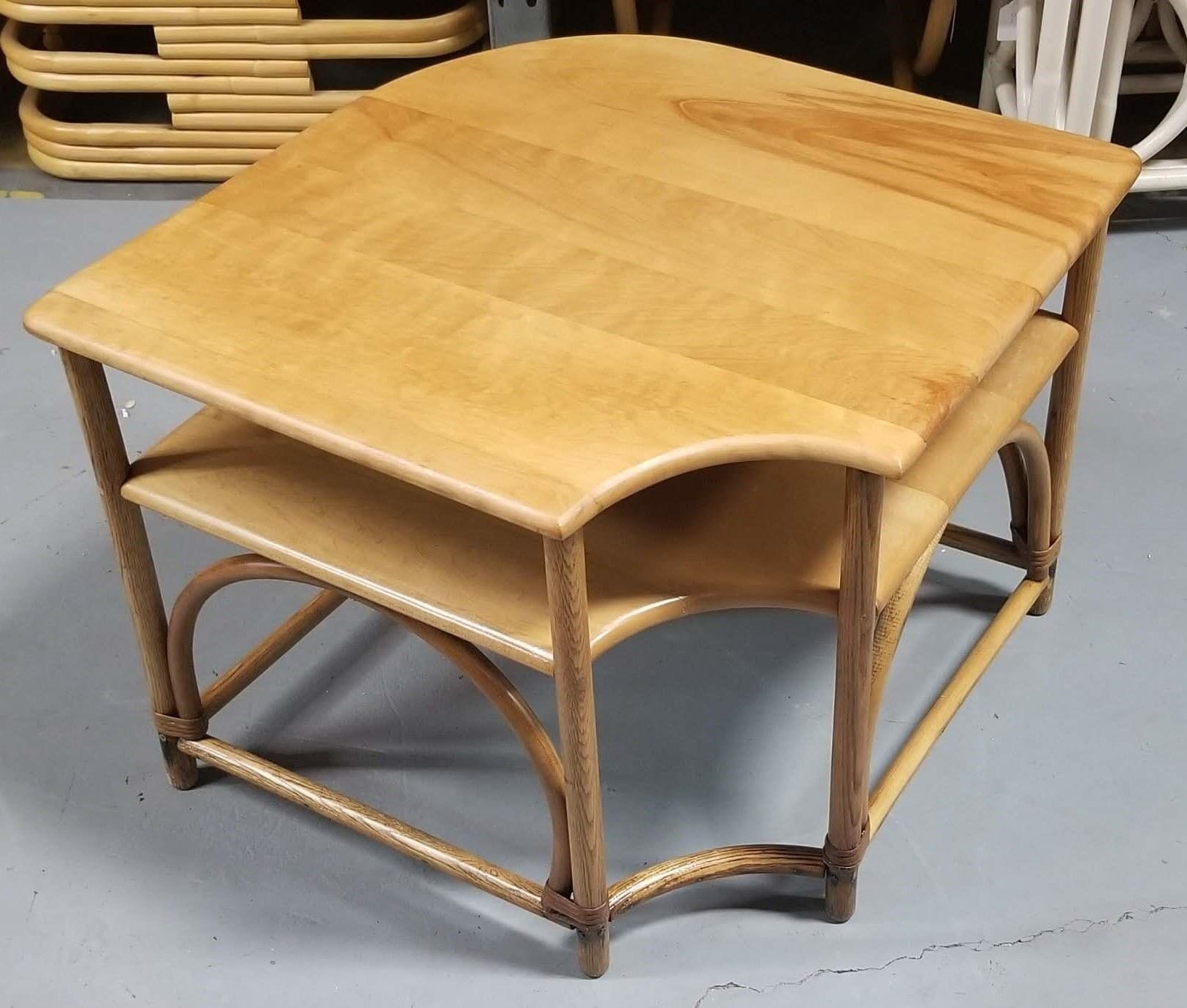 Restored Mid Century Maple and Faux Rattan Corner Table by Restored Mid Century Maple and Faux Rattan Corner Table by