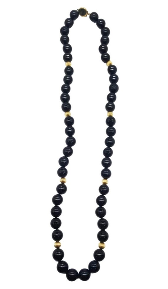 Obsidian and Gold Beaded Necklace 14k Gold 26.5" L
