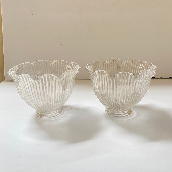 Pair of Vintage Fluted Bellflower Holophane Glass Dome Ruffle Glass Shade