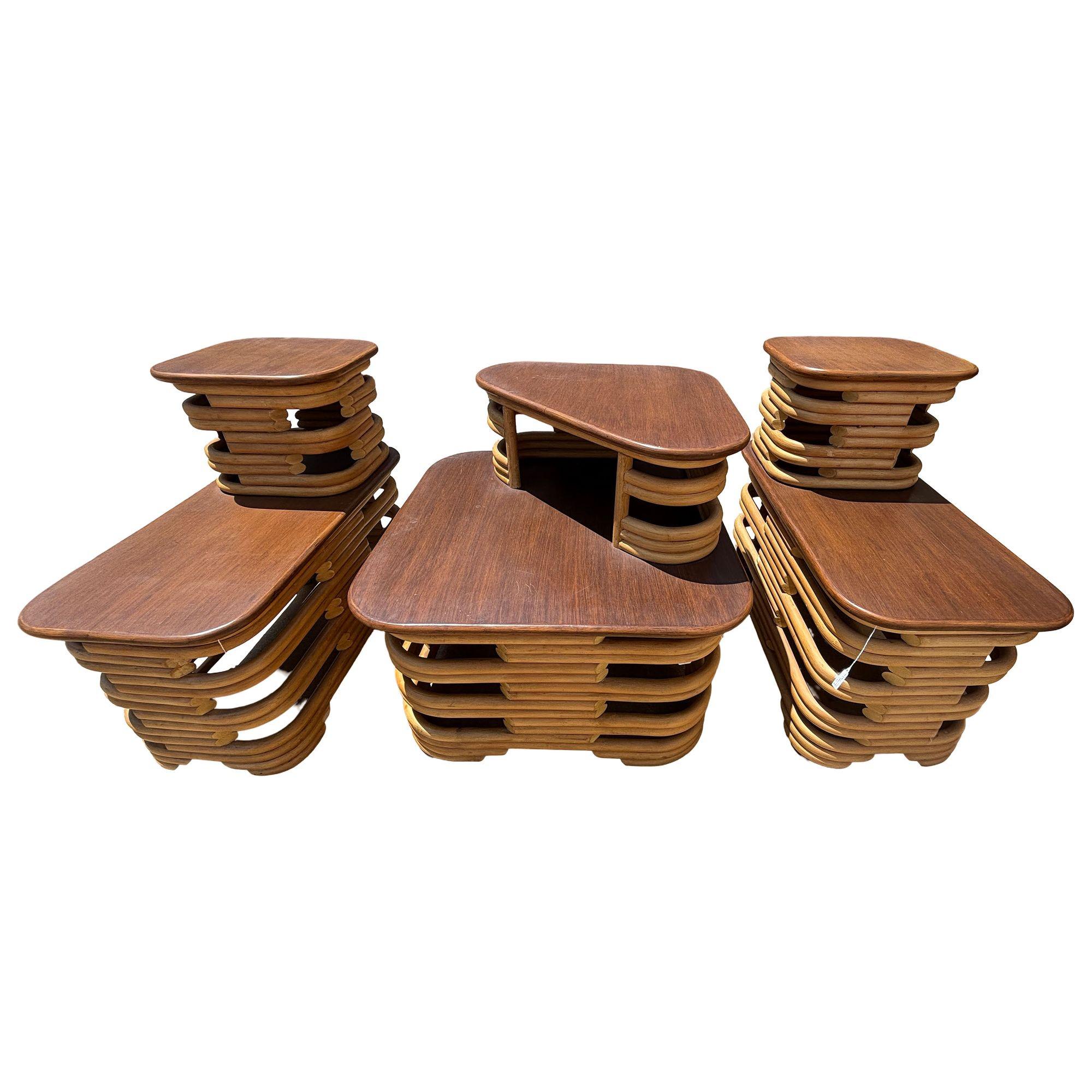 Mid-Century Two-Tier Stacked Rattan and Mahogany Costal Side & Corner Table Set