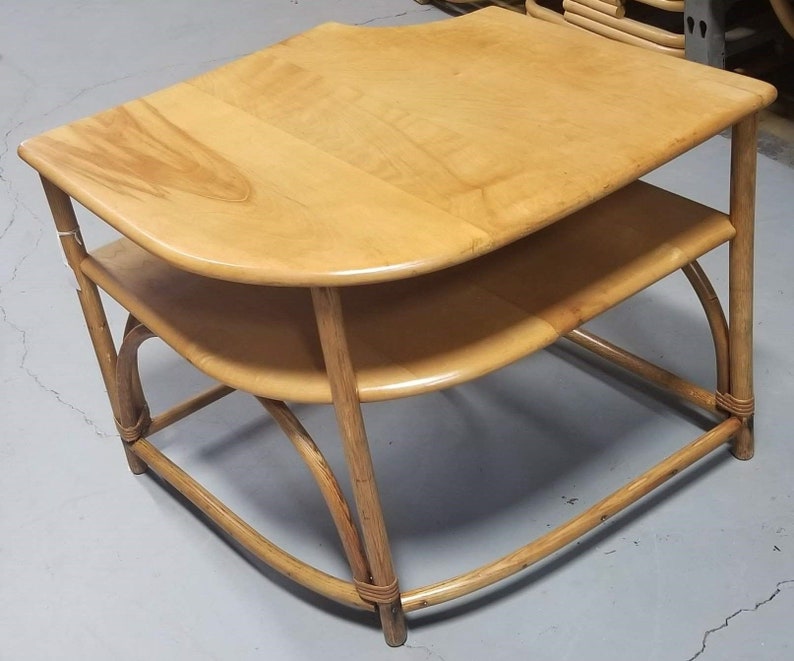 Restored Mid Century Maple and Faux Rattan Corner Table by Heywood Wakefield image 4