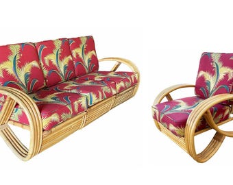 Restored Mid-century Rattan 4-Strand 3/4 Pretzel Sofa & Chair Living Room Set