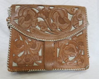 Vintage Mexican Hand Tooled Leather Handbag Floral Design