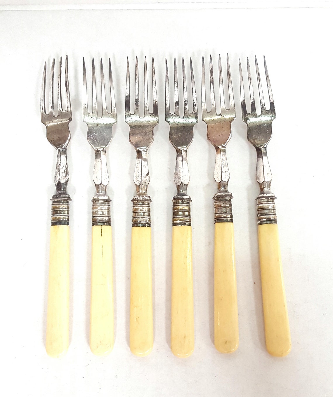 Antique Bone Handle Flatware Ornate Dinner Fork Set of 6 Civil War Era