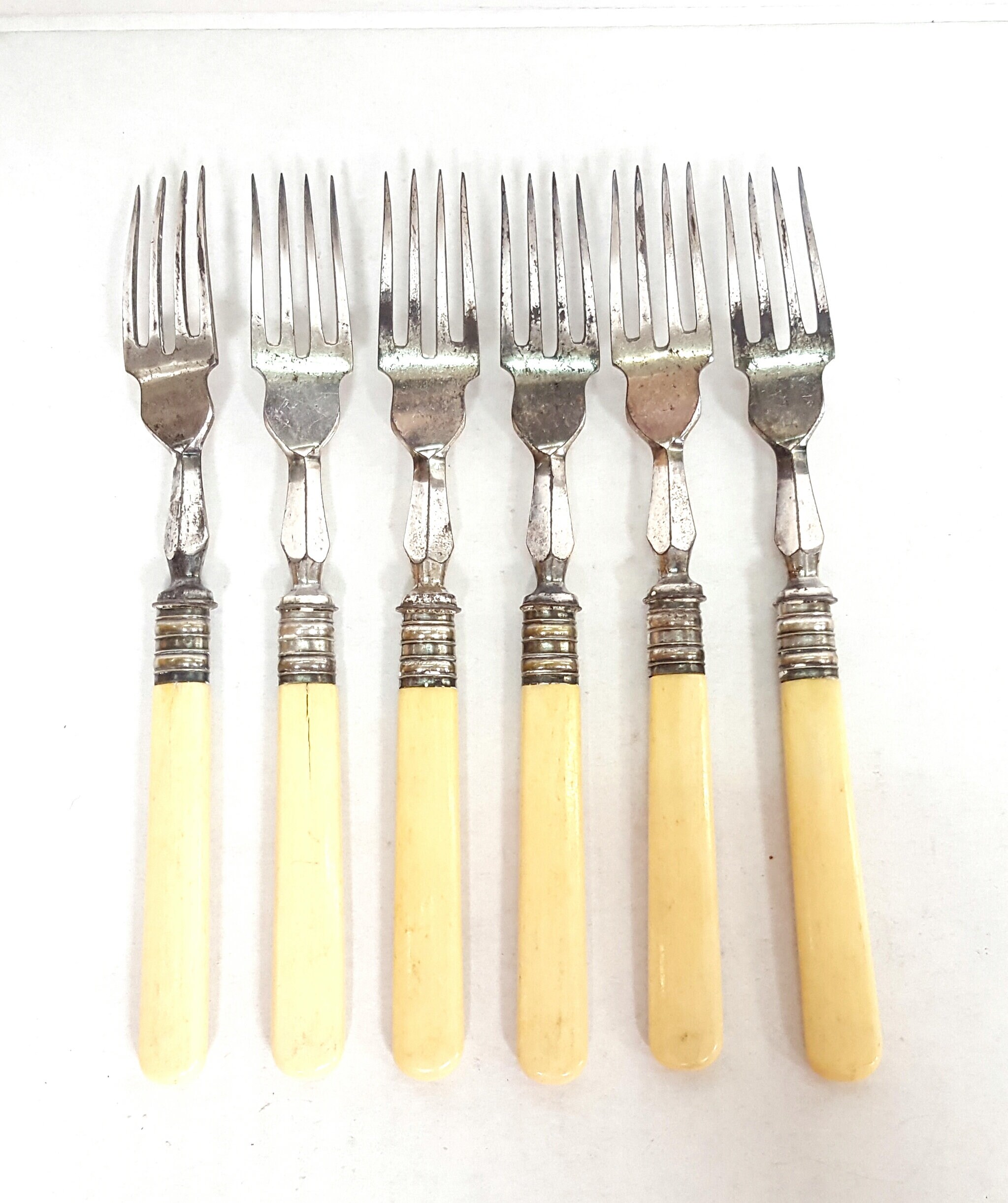 Antique Bone Handle Flatware Ornate Dinner Fork Set of 6 Civil War Era
