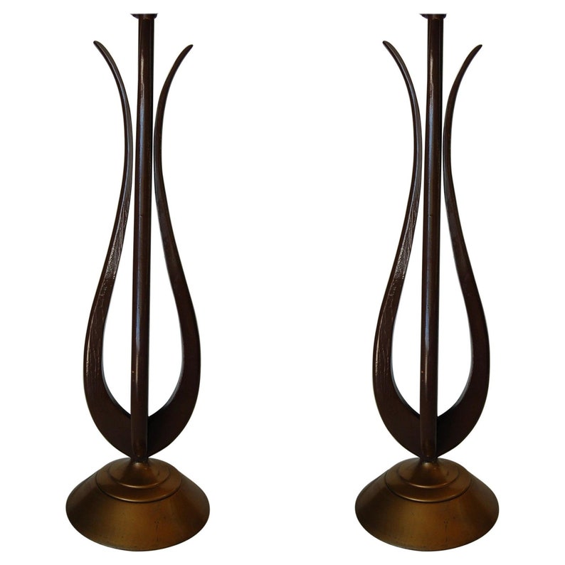 Modernist Harp Shaped Sculptural Walnut and Brass Tone Table Lamp, Pair image 1