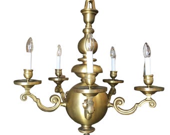 English Georgian Style Heavy Brass 5 Arm Electric Chandelier