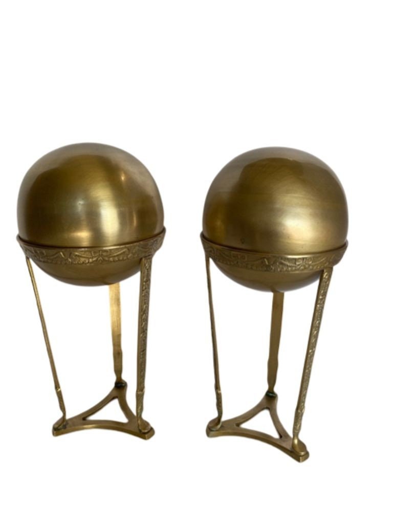Art Nouvea Style Pair of Embossed Brass Crystal Orb and Pedistals