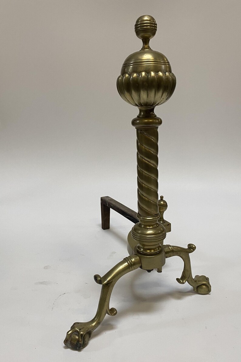 Pair of Brass Belted Ball-top and Spiral Turned Clawfoot Andirons image 2