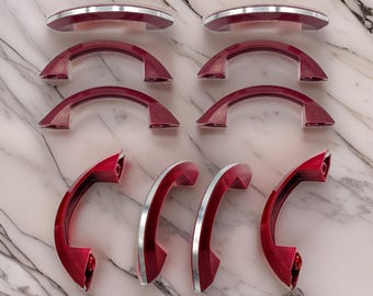 Art Deco Maroon Red Catalin/Bakelite Drawer Pulls w/ Chrome Strip, Set of 10