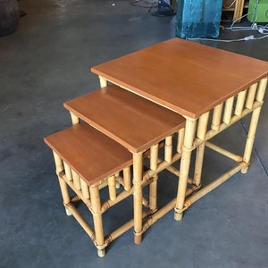 Set of 3 Rattan Nesting Side Tables w/ Mahogany Top image 2